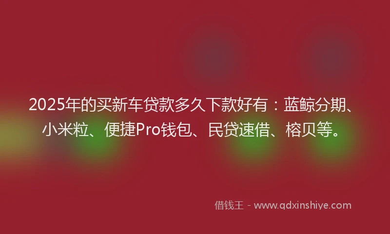 2025年的买新车贷款多久下款好有：蓝鲸分期、小米粒、便捷Pro钱包、民贷速借、榕贝等。