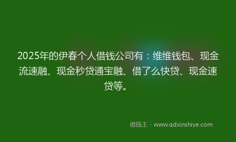 2025年的伊春个人借钱公司有：维维钱包、现金流速融、现金秒贷通宝融、借了么快贷、现金速贷等。