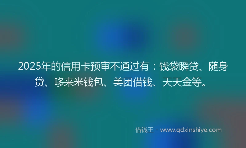 2025年的信用卡预审不通过有：钱袋瞬贷、随身贷、哆来米钱包、美团借钱、天天金等。