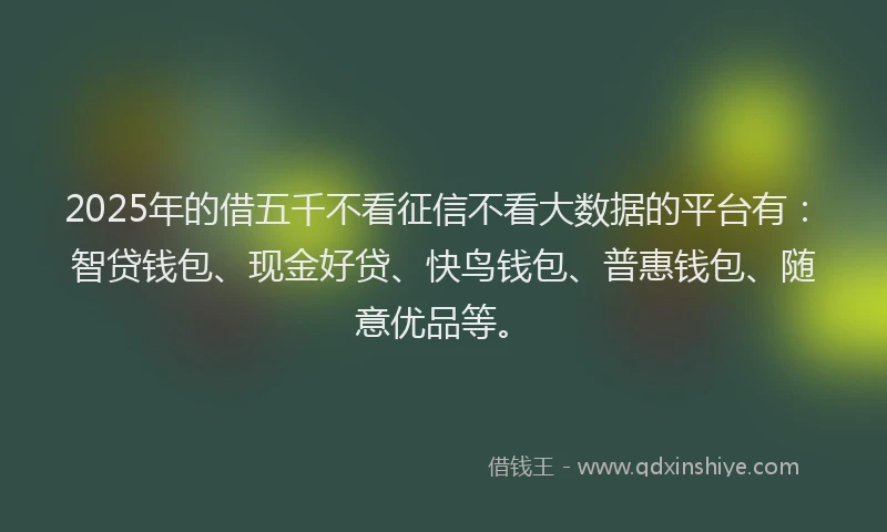 2025年的借五千不看征信不看大数据的平台有：智贷钱包、现金好贷、快鸟钱包、普惠钱包、随意优品等。