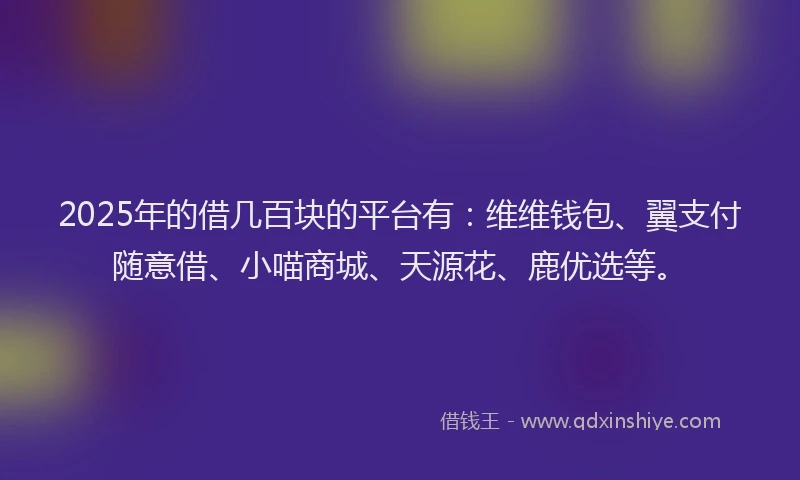 2025年的借几百块的平台有：维维钱包、翼支付随意借、小喵商城、天源花、鹿优选等。
