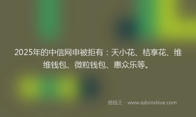2025年的中信网申被拒有：天小花、桔享花、维维钱包、微粒钱包、惠众乐等。