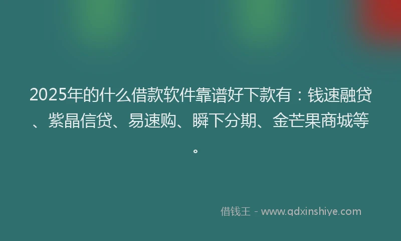 2025年的什么借款软件靠谱好下款有：钱速融贷、紫晶信贷、易速购、瞬下分期、金芒果商城等。