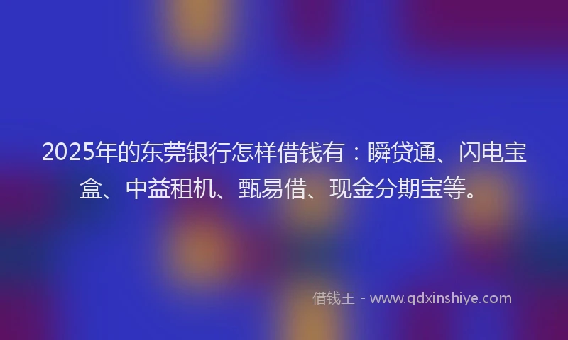 2025年的东莞银行怎样借钱有：瞬贷通、闪电宝盒、中益租机、甄易借、现金分期宝等。