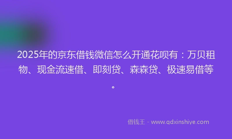 2025年的京东借钱微信怎么开通花呗有：万贝租物、现金流速借、即刻贷、森森贷、极速易借等。