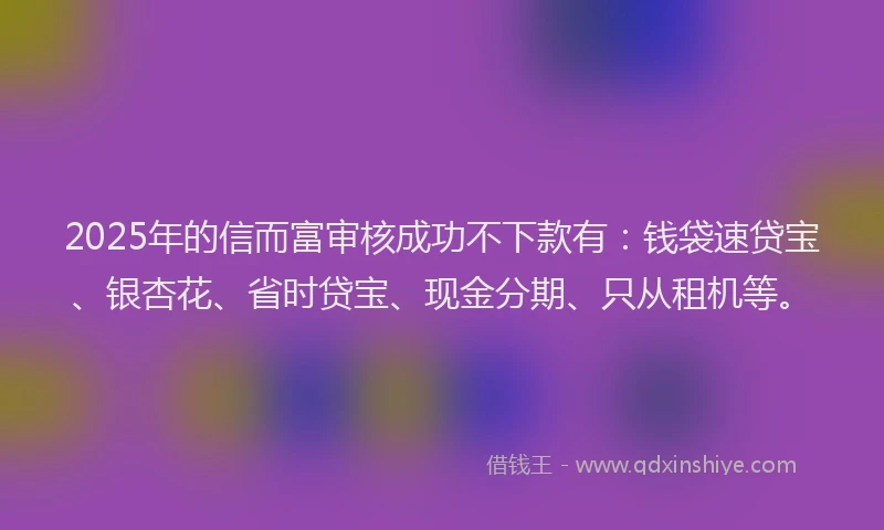2025年的信而富审核成功不下款有：钱袋速贷宝、银杏花、省时贷宝、现金分期、只从租机等。