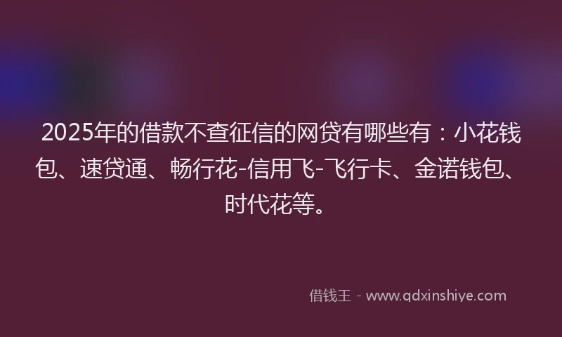 2025年的借款不查征信的网贷有哪些有：小花钱包、速贷通、畅行花-信用飞-飞行卡、金诺钱包、时代花等。