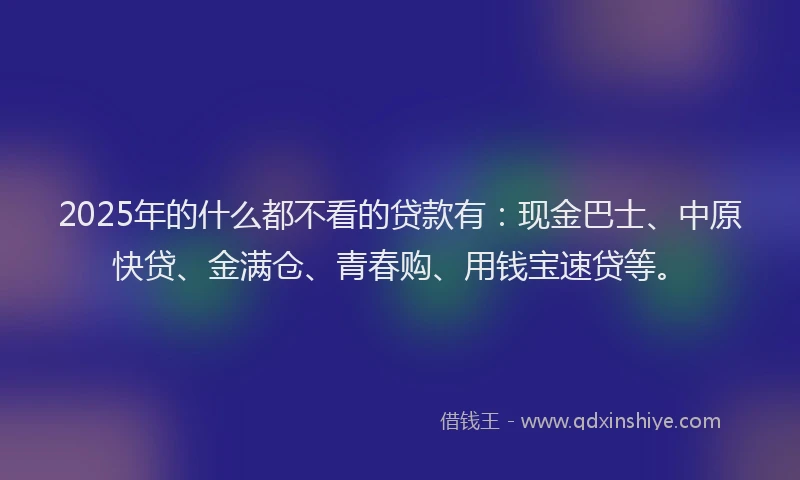 2025年的什么都不看的贷款有：现金巴士、中原快贷、金满仓、青春购、用钱宝速贷等。