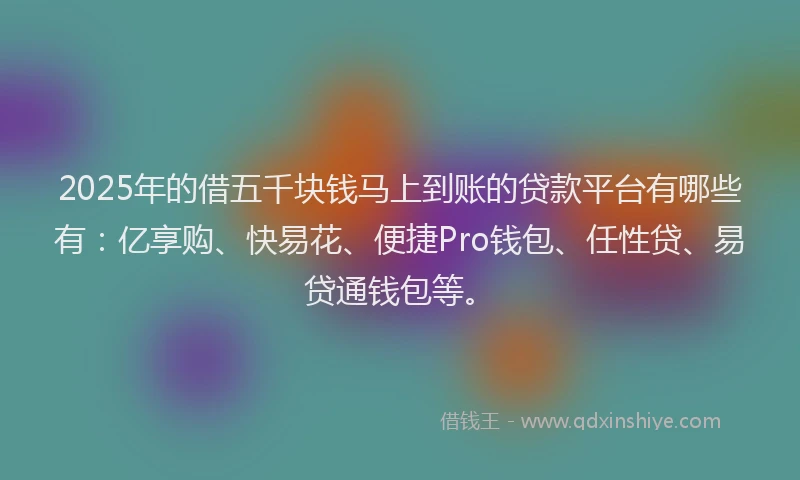 2025年的借五千块钱马上到账的贷款平台有哪些有：亿享购、快易花、便捷Pro钱包、任性贷、易贷通钱包等。