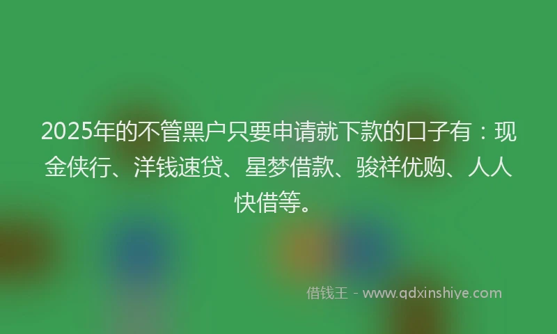 2025年的不管黑户只要申请就下款的口子有：现金侠行、洋钱速贷、星梦借款、骏祥优购、人人快借等。