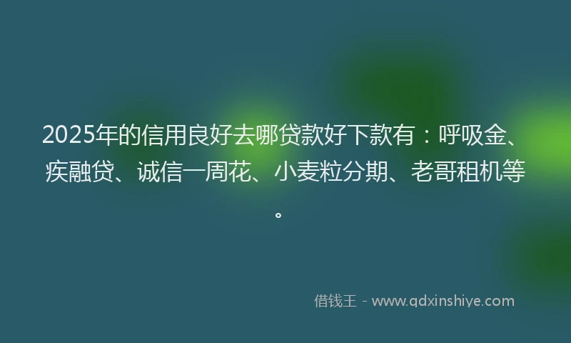 2025年的信用良好去哪贷款好下款有：呼吸金、疾融贷、诚信一周花、小麦粒分期、老哥租机等。