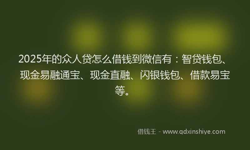 2025年的众人贷怎么借钱到微信有：智贷钱包、现金易融通宝、现金直融、闪银钱包、借款易宝等。
