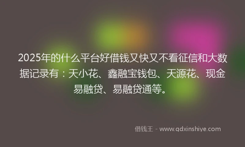 2025年的什么平台好借钱又快又不看征信和大数据记录有：天小花、鑫融宝钱包、天源花、现金易融贷、易融贷通等。