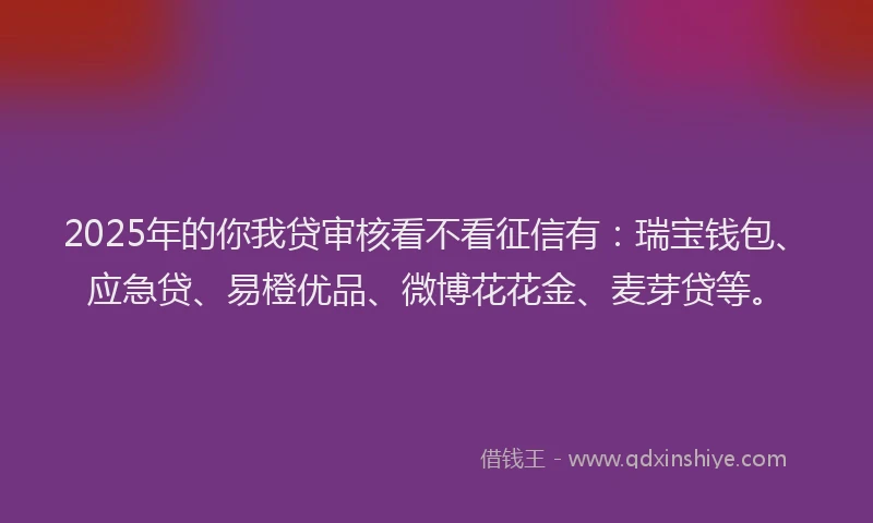 2025年的你我贷审核看不看征信有：瑞宝钱包、应急贷、易橙优品、微博花花金、麦芽贷等。