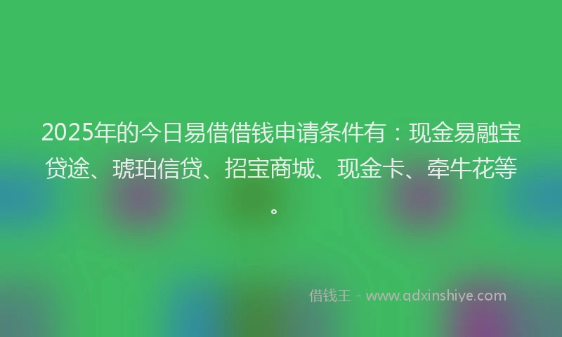 2025年的今日易借借钱申请条件有：现金易融宝贷途、琥珀信贷、招宝商城、现金卡、牵牛花等。