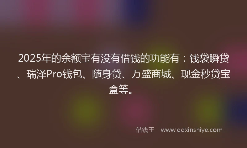 2025年的余额宝有没有借钱的功能有：钱袋瞬贷、瑞泽Pro钱包、随身贷、万盛商城、现金秒贷宝盒等。