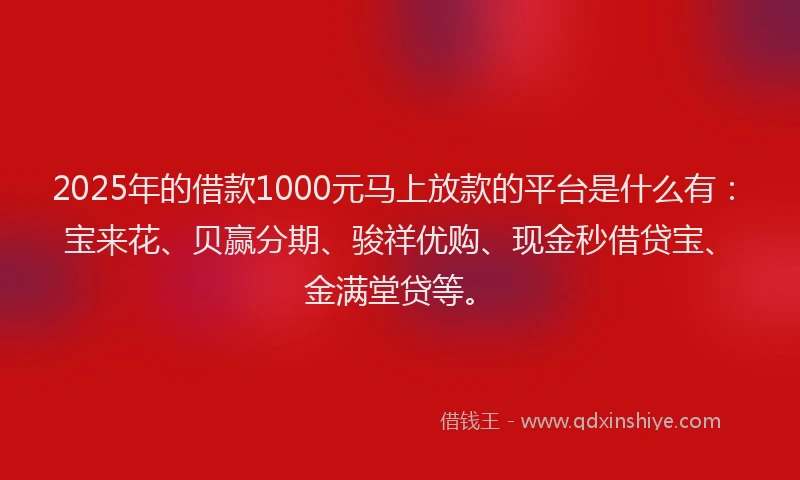 2025年的借款1000元马上放款的平台是什么有：宝来花、贝赢分期、骏祥优购、现金秒借贷宝、金满堂贷等。