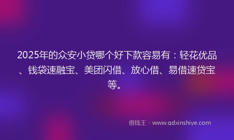 2025年的众安小贷哪个好下款容易有：轻花优品、钱袋速融宝、美团闪借、放心借、易借速贷宝等。