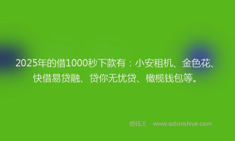 2025年的借1000秒下款有：小安租机、金色花、快借易贷融、贷你无忧贷、橄榄钱包等。