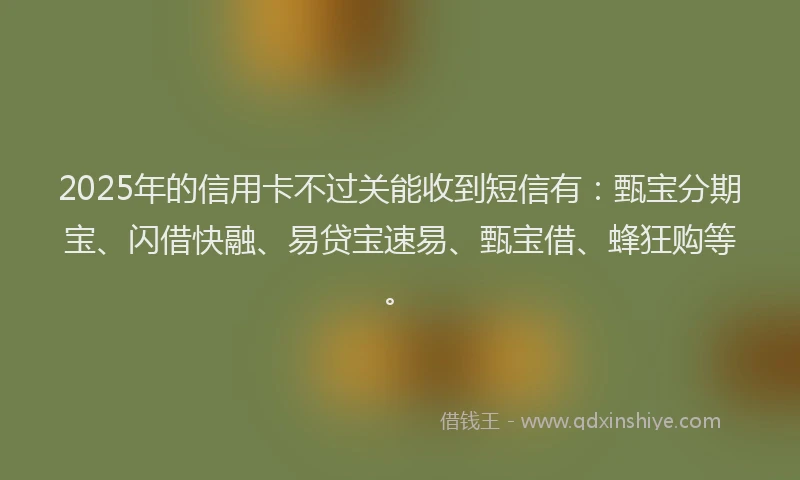2025年的信用卡不过关能收到短信有：甄宝分期宝、闪借快融、易贷宝速易、甄宝借、蜂狂购等。