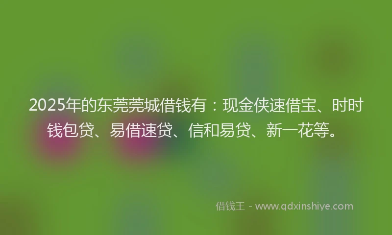 2025年的东莞莞城借钱有：现金侠速借宝、时时钱包贷、易借速贷、信和易贷、新一花等。