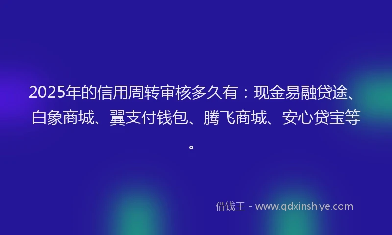 2025年的信用周转审核多久有：现金易融贷途、白象商城、翼支付钱包、腾飞商城、安心贷宝等。