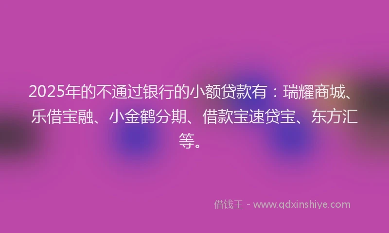 2025年的不通过银行的小额贷款有：瑞耀商城、乐借宝融、小金鹤分期、借款宝速贷宝、东方汇等。