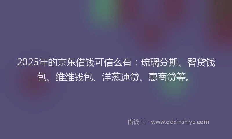 2025年的京东借钱可信么有：琉璃分期、智贷钱包、维维钱包、洋葱速贷、惠商贷等。