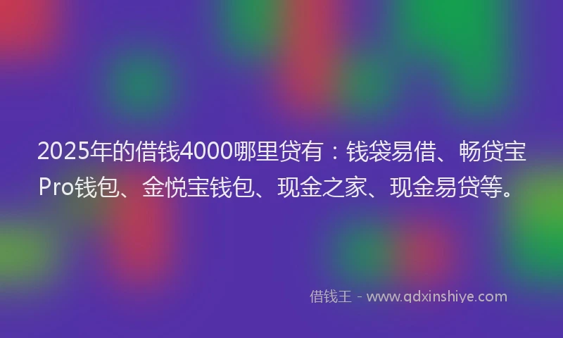 2025年的借钱4000哪里贷有：钱袋易借、畅贷宝Pro钱包、金悦宝钱包、现金之家、现金易贷等。