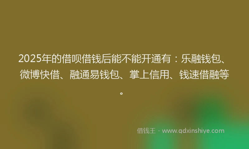2025年的借呗借钱后能不能开通有：乐融钱包、微博快借、融通易钱包、掌上信用、钱速借融等。