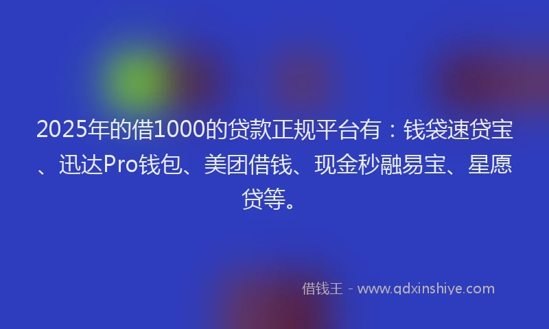 2025年的借1000的贷款正规平台有：钱袋速贷宝、迅达Pro钱包、美团借钱、现金秒融易宝、星愿贷等。