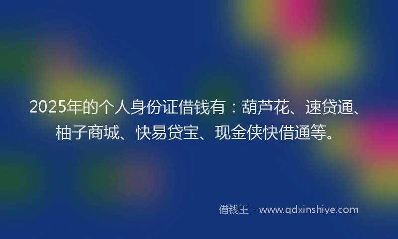 2025年的个人身份证借钱有：葫芦花、速贷通、柚子商城、快易贷宝、现金侠快借通等。
