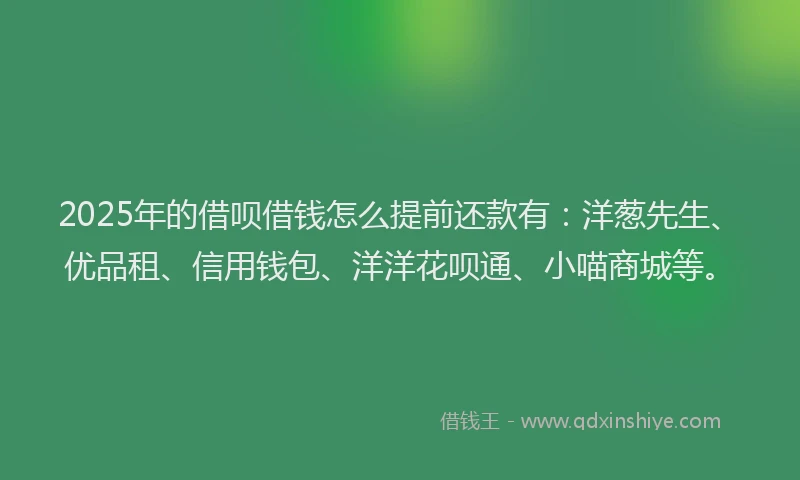 2025年的借呗借钱怎么提前还款有：洋葱先生、优品租、信用钱包、洋洋花呗通、小喵商城等。