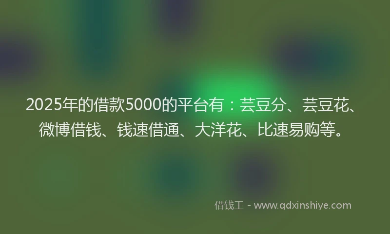 2025年的借款5000的平台有：芸豆分、芸豆花、微博借钱、钱速借通、大洋花、比速易购等。