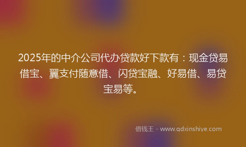2025年的中介公司代办贷款好下款有:现金贷易借宝、翼支付随意借、闪贷宝融、好易借、易贷宝易等。