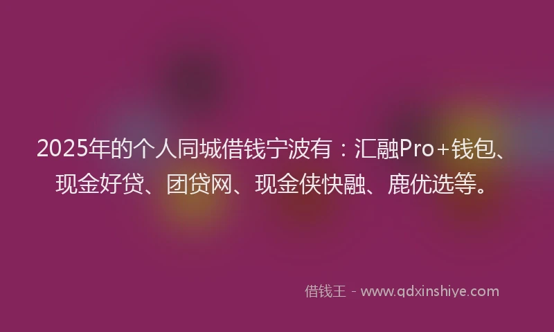 2025年的个人同城借钱宁波有：汇融Pro+钱包、现金好贷、团贷网、现金侠快融、鹿优选等。
