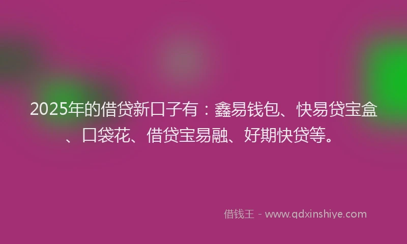 2025年的借贷新口子有：鑫易钱包、快易贷宝盒、口袋花、借贷宝易融、好期快贷等。