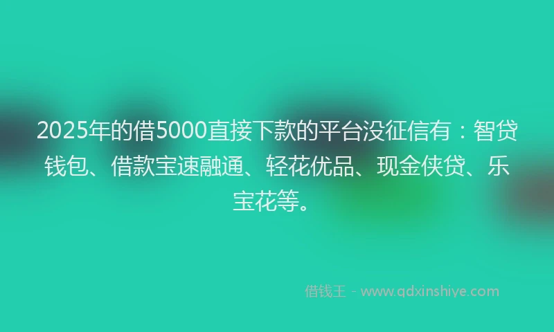 2025年的借5000直接下款的平台没征信有：智贷钱包、借款宝速融通、轻花优品、现金侠贷、乐宝花等。