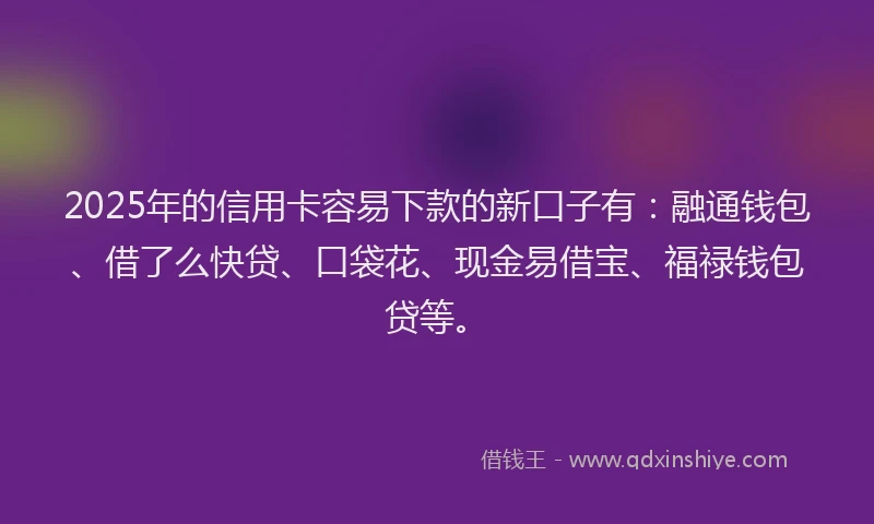 2025年的信用卡容易下款的新口子有：融通钱包、借了么快贷、口袋花、现金易借宝、福禄钱包贷等。