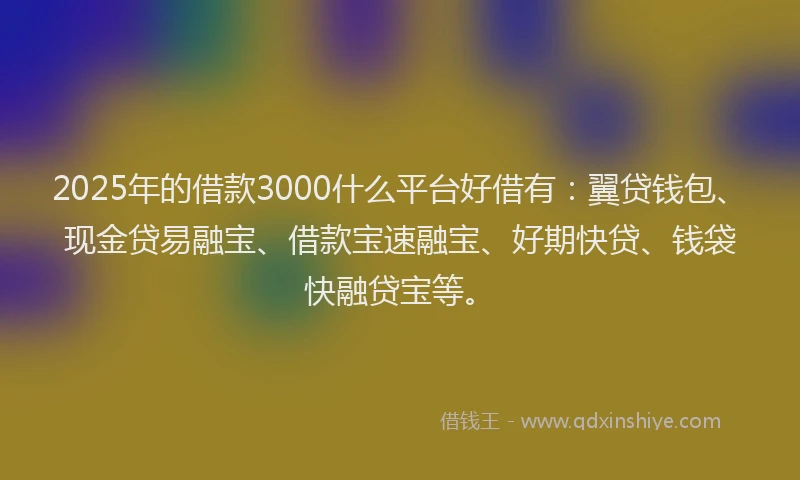 2025年的借款3000什么平台好借有：翼贷钱包、现金贷易融宝、借款宝速融宝、好期快贷、钱袋快融贷宝等。