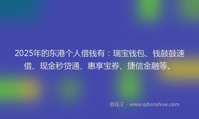 2025年的东港个人借钱有：瑞宝钱包、钱鼓鼓速借、现金秒贷通、惠享宝券、捷信金融等。