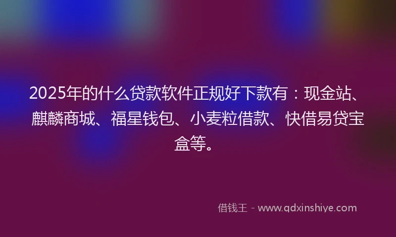 2025年的什么贷款软件正规好下款有：现金站、麒麟商城、福星钱包、小麦粒借款、快借易贷宝盒等。