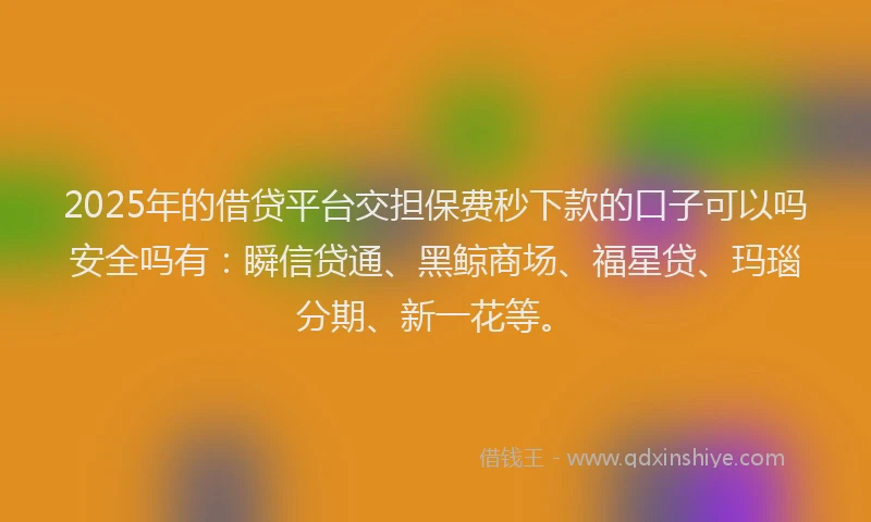 2025年的借贷平台交担保费秒下款的口子可以吗安全吗有：瞬信贷通、黑鲸商场、福星贷、玛瑙分期、新一花等。