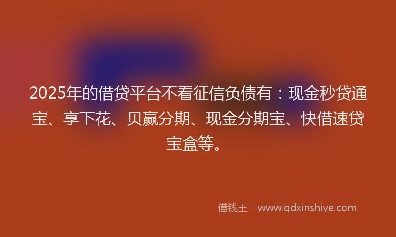 2025年的借贷平台不看征信负债有：现金秒贷通宝、享下花、贝赢分期、现金分期宝、快借速贷宝盒等。