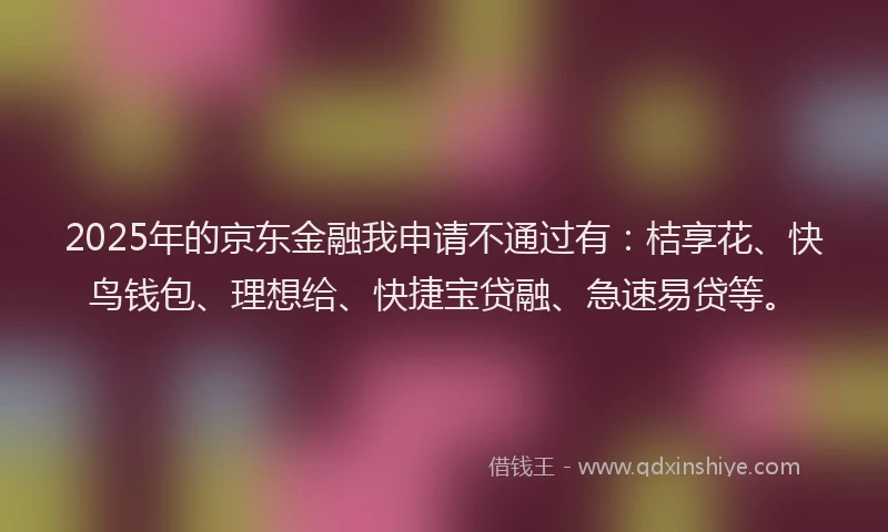 2025年的京东金融我申请不通过有：桔享花、快鸟钱包、理想给、快捷宝贷融、急速易贷等。