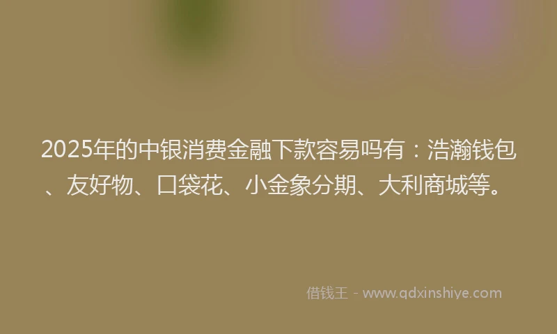2025年的中银消费金融下款容易吗有：浩瀚钱包、友好物、口袋花、小金象分期、大利商城等。