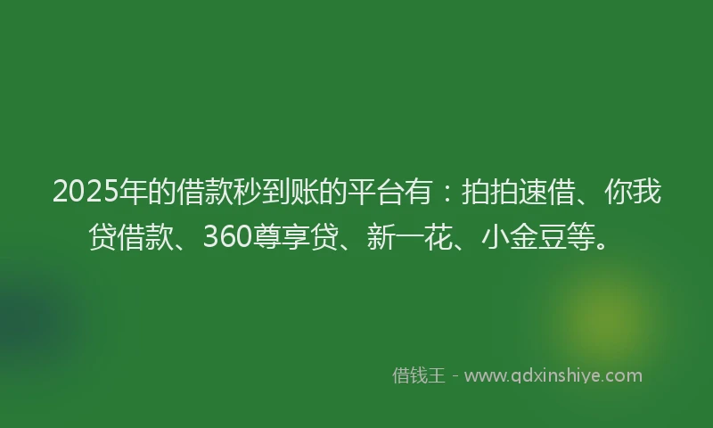 2025年的借款秒到账的平台有：拍拍速借、你我贷借款、360尊享贷、新一花、小金豆等。