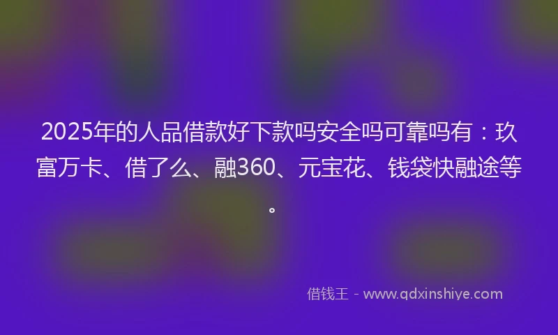 2025年的人品借款好下款吗安全吗可靠吗有：玖富万卡、借了么、融360、元宝花、钱袋快融途等。