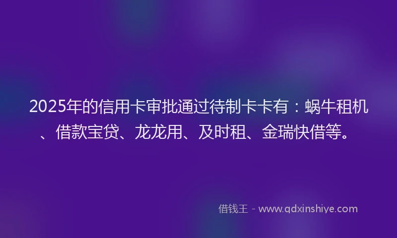2025年的信用卡审批通过待制卡卡有：蜗牛租机、借款宝贷、龙龙用、及时租、金瑞快借等。