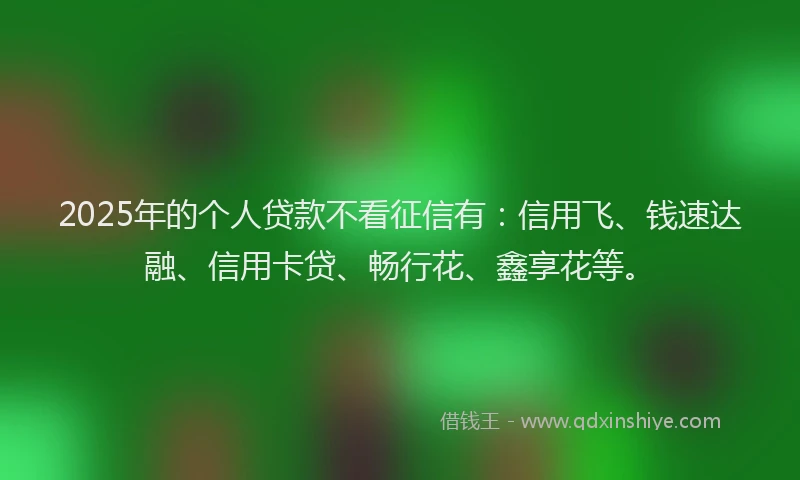 2025年的个人贷款不看征信有：信用飞、钱速达融、信用卡贷、畅行花、鑫享花等。